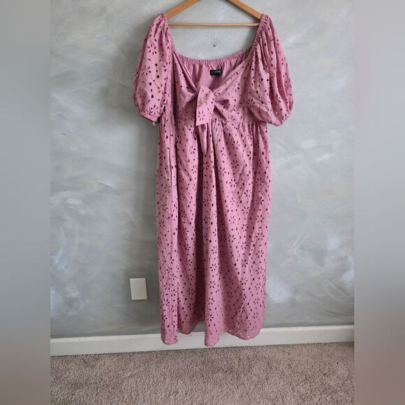 Eloquii Broderie Floral Eyelet Tie Front Puff Sleeve Maxi Dress Mauve Pink 18 - Picture 1 of 13